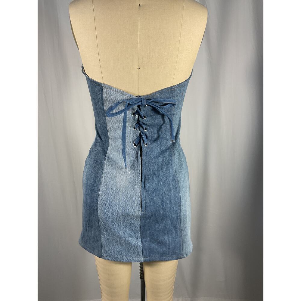 Eb Denim Blue Strapless Mini Patchwork Dress Size… - image 4